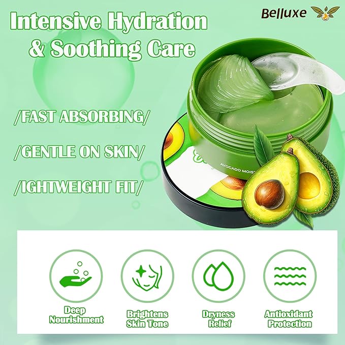Belluxe Avocado Eye Mask – Nourishing & Moisturizing Eye Gel Patches for Dry Skin & Wrinkles, Hydrating Under Eye Mask for Collagen Boost