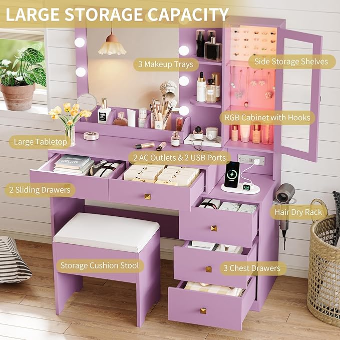 Vanity Desk with Mirror and Lights, Makeup Vanity Table Set with 5 Storage Drawers, Power Outlet & Chair, Small Dressing Table with RGB Ambient Light, Adjustable Brightness for Girls Bedroom, Purple