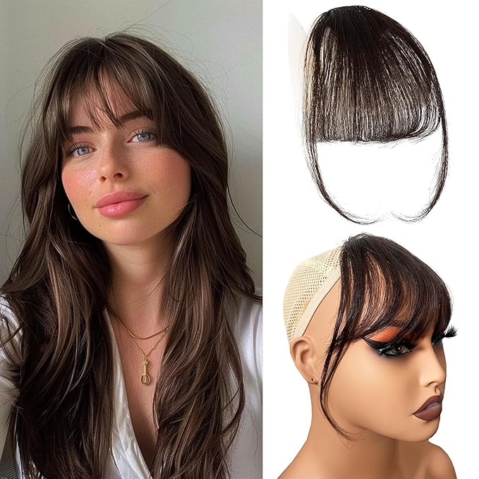 Clip-In Wispy Bangs with Temples -100% Human Hair Bangs Extension for Women, Natural Looking Front Hairpiece for Daily Wear, Dark Brown