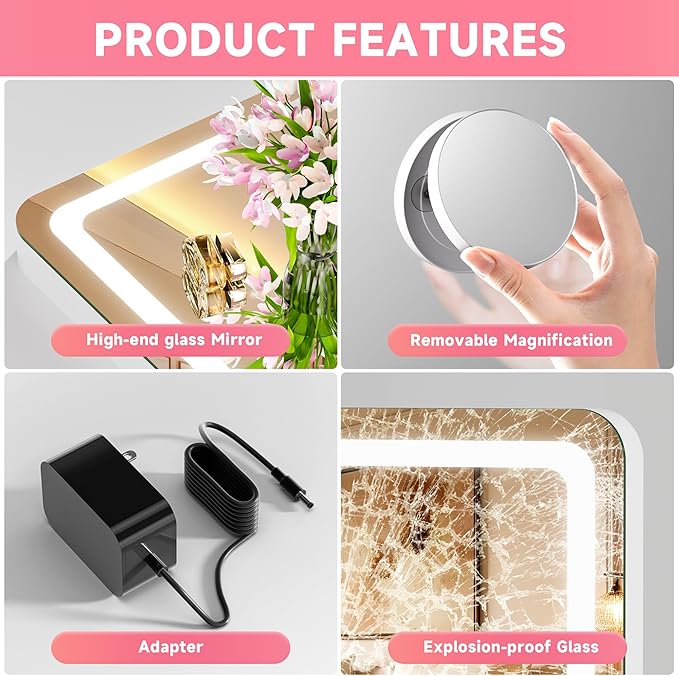 Vanity Mirror with Lights, 28" x 20" LED Makeup Mirror with 10X Magnification, Dimmable 3 Modes, Memory Function, Smart Touch, USB Charging Port, Lighted Makeup Mirror Round White