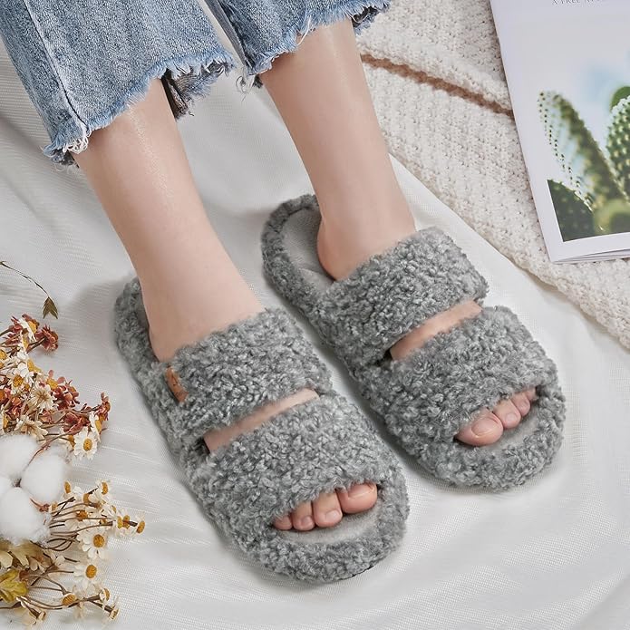 ATHMILE House Slippers for Women with Platform Memory Foam Arch Support Open Toe, Fuzzy Fluffy Cozy Womens Slippers for Home Indoor Outdoor Bedroom Ladies Christmas Gifts Pantuflas Para Mujer