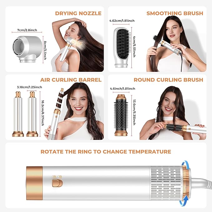 5 in ONE Hair Dryer Brush, Blow Dryer Curling Wand Hair Styling Tools Set, Ionic Hot Air Massage Oval Blowout, Left&Right Styler 100-120V