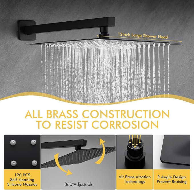 Fransiton 12 Inches Matte Black Shower System Rain Shower System Set Wall Mounted, Rainfall Shower Head with Handheld, Bathroom Shower Kit (Valve Included)