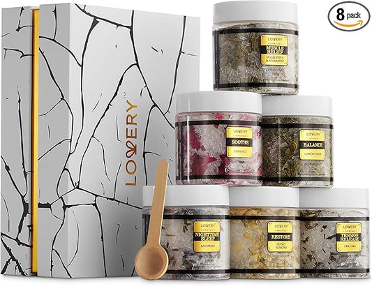 Gifts for Women Who Have Everything, Epsom Bath Salts Gift Basket Set, Self Care Salt W/Essential Oil, Valentines Day Gifts for Her, Mom, Lavender, Eucalyptus, Lemon, Coconut, Tea Tree, Honey Almond