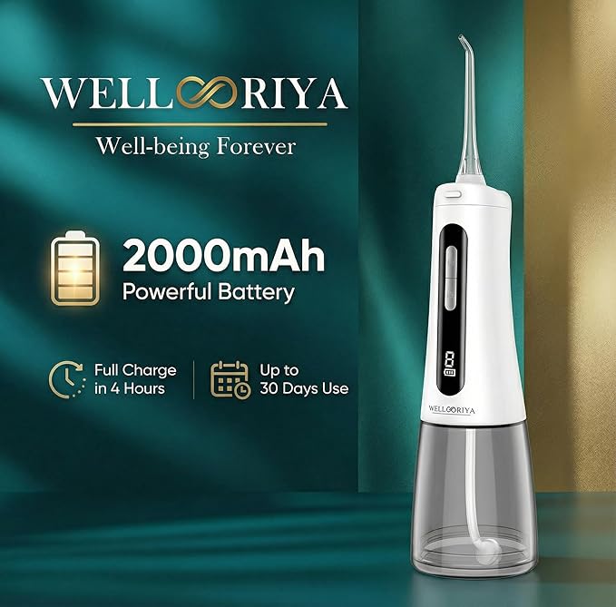 Wellooriya Cordless Water Flosser for Teeth – 300mL Large Tank, 9 Pressure Levels, LED Display, USB-C Rechargeable, IPX7 Waterproof Dental Oral Irrigator for Home & Travel (White)