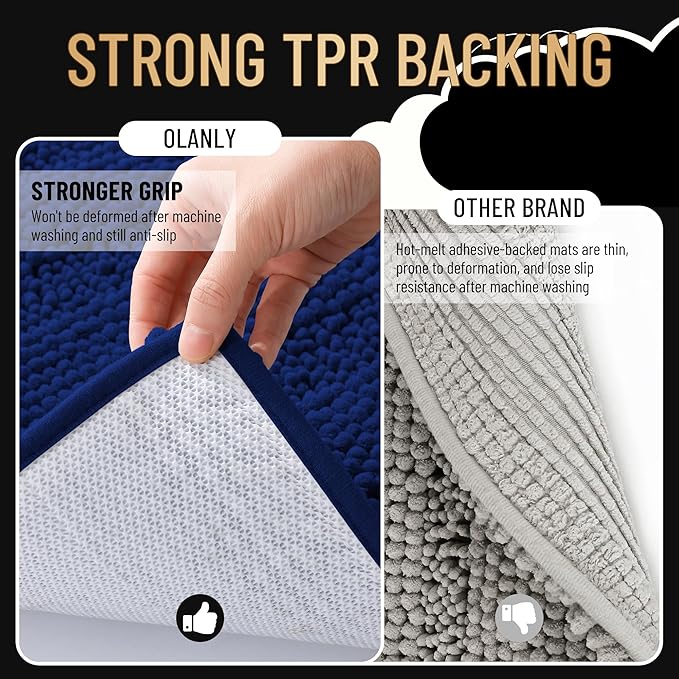 OLANLY Thick Bathroom Rugs 47x20, Extra Soft Absorbent Chenille Striped Bath Rugs, Rubber Backing, Machine Wash Dry, Bath Mats for Bathroom Floor, Tub and Shower, Home Decor Accessories, Navy