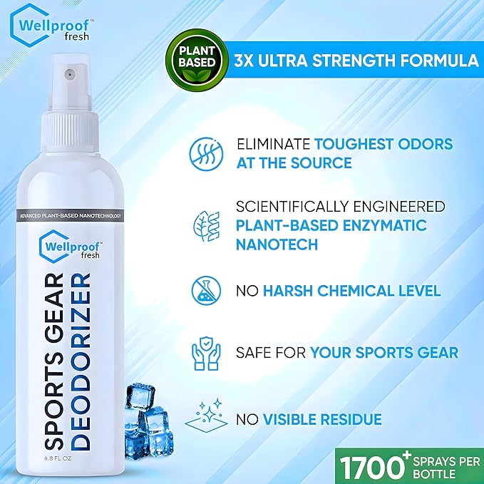 Wellproof Sports 3X Odor Eliminator Spray (1700+ Uses) – Powerful Nano Enzyme Deodorizer for Shoes, Gym Bags, Pads, Boxing Gloves, Helmets & Athletic Gear – Plant-Based, Concentrated Formula