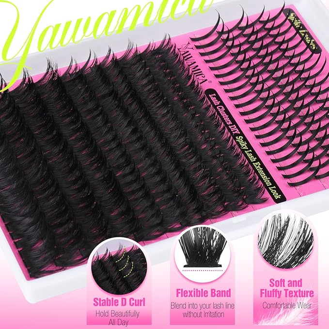 Yawamica Lash Clusters Kit with Spikes DIY Spiky Eyelash Extension Wispy Eyelash Clusters 12-20mm with 15-21mm Lash Spikes D Curl Individual Lashes DIY Lash Extension Kit with Bond and Seal Tweezers