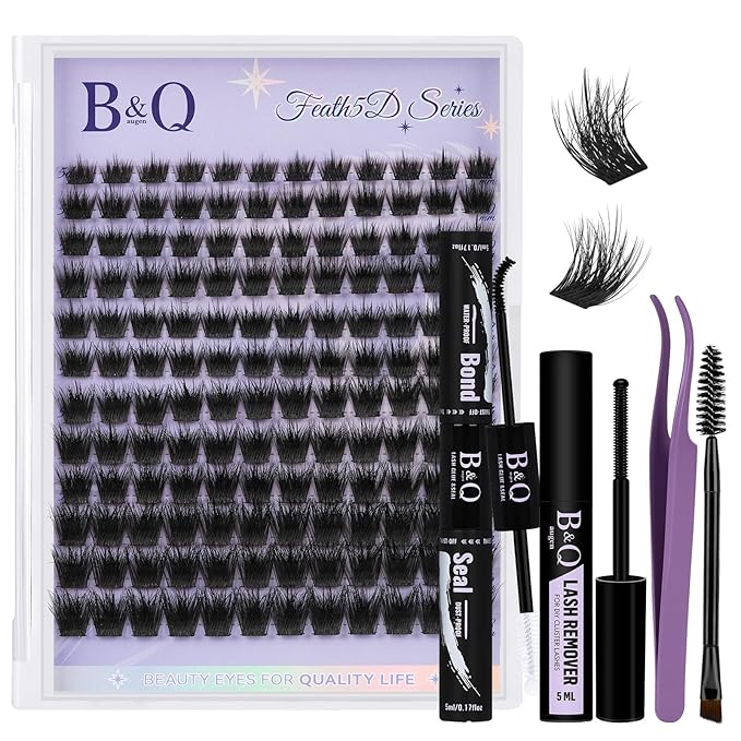 B&Q Lash Clusters Kit Wispy Fluffy - Feath5D 03 Eyelash Clusters Kit with Glue & Tools, Feathered Lightweight Lash Kit, 8-18mm C Curl Waterproof False Lashes