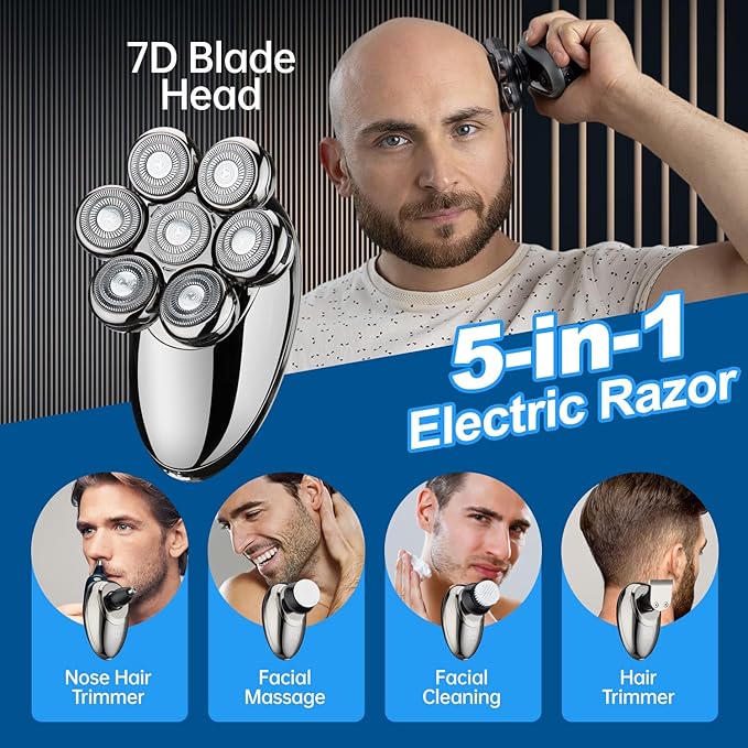 Head Shavers for Bald Men, 5-in-1 Electric Shaver, 7D Rotary Shaver, Wet/Dry Shaver, LED Display, Rechargeable Shaving Grooming Set, Suitable for Head and Face Shavers, IPX6 Waterproof