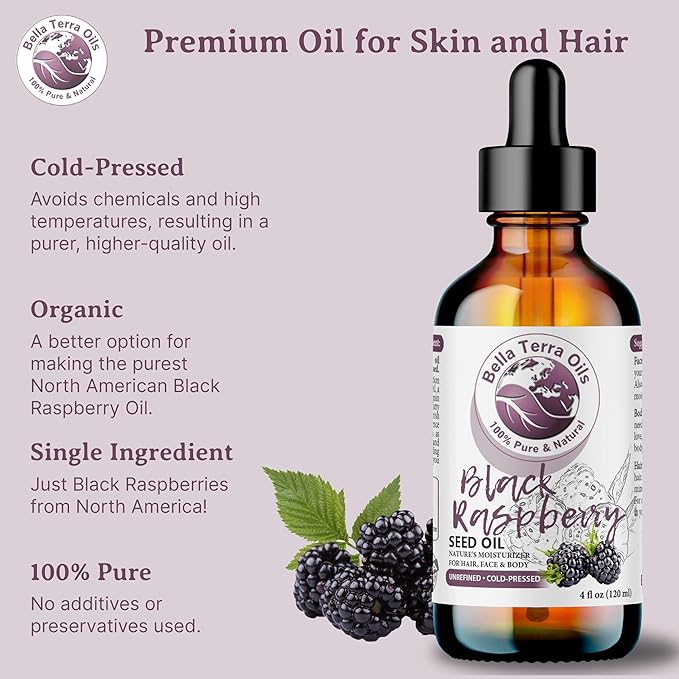 Bella Terra Oils - Black Raspberry Seed Oil 4oz - A Mélange of Antioxidants & Essential Fatty Acids, Offering the Skin the Finest of Nature's Nourishing Secrets