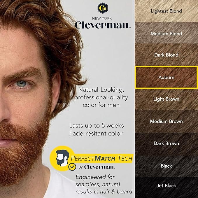 Reusable Hair & Beard Dye for Men – Auburn | Up to 5 Uses, 7 Minutes | Natural Gray Coverage, No-Drip Cream with SkinArmour® – Cleverman