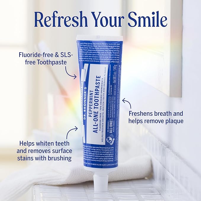 Dr. Bronner’s All-One Toothpaste Pack of 3– Peppermint, 5 oz– Fluoride-Free Toothpaste for Adults, SLS-Free, 70% Organic & Natural Ingredients, Vegan, Helps Freshen Breath & Reduce Plaque