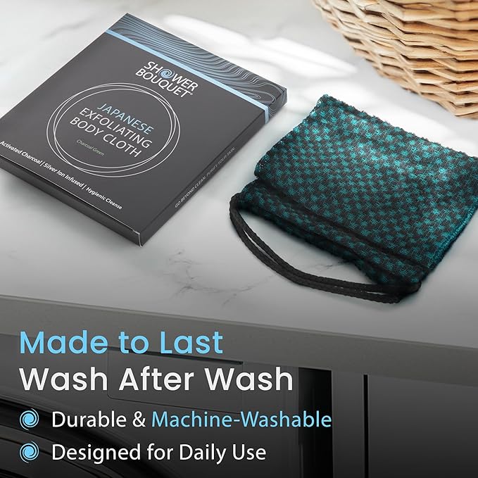 Japanese Exfoliating Washcloth for Back & Body - Charcoal & Silver Ion Exfoliating Towel - Two-Sided Gentle Exfoliation