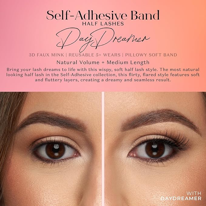 Lilly Lashes Self Adhesive Eyelashes (Half Lashes), No Lash Glue Needed, Body Heat Activated Press on Lashes, Reusable Self Adhesive Eyelashes Up to 5x, Easy to Apply & Remove (DayDreamer)