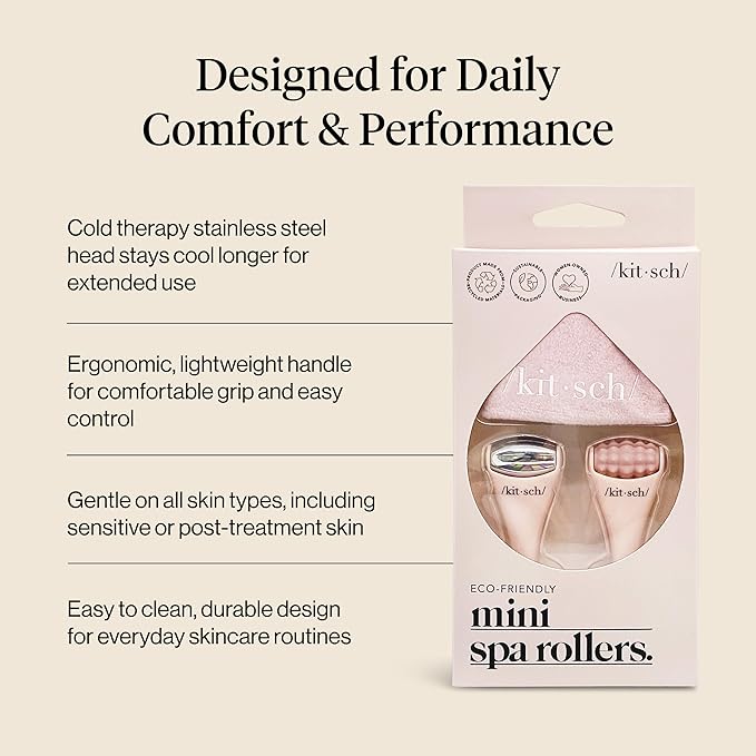 Kitsch Mini Facial Roller & Ice Face Roller Skin Care Tool Set for Women - Face Massager for Puffy Eyes, Cold Therapy, Lymphatic Drainage Massager, Self Care Gifts for Women & Men - Blush