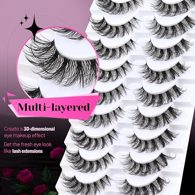 Veleasha Russian Strip Lashes with Clear Band Looks Like Eyelash Extensions D Curl Lash Strips 10 Pairs Pack (DT11)