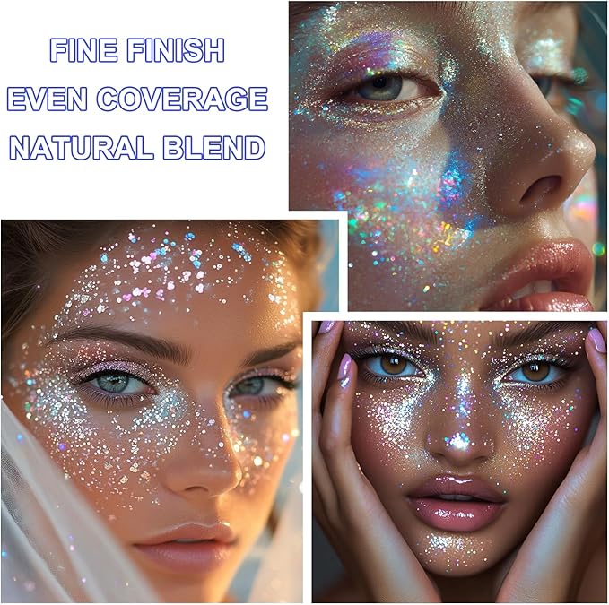 Roll-on Holographic Body Glitter Gel for Face and Hair, Chameleon Color Changing Glitter Gel Under Light, Chunky Mermaid Sequins Shimmer Makeup for Halloween Party Rave Accessories (Glint-Rainbow)