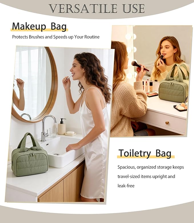 BUZFOWU Travel Toiletry Bag for Women, Large Wide-open Puffy Cosmetic Makeup Bag with Wet-Dry Separation, Multi-Pocket Organizer with Carry Handle for Toiletries, Cosmetics, Essentials, Green