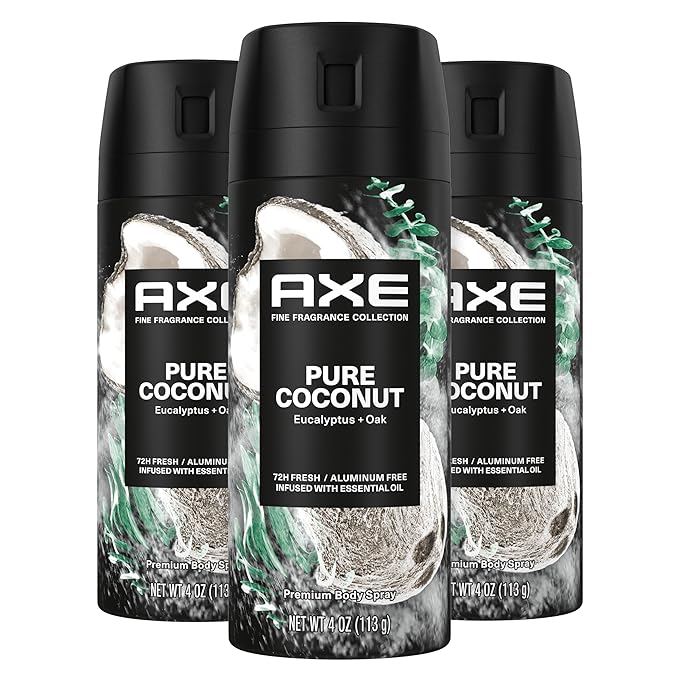 AXE Fine Fragrance Collection Premium Deodorant Body Spray for Men Pure Coconut 3 Count with 72H Odor Protection and Freshness Infused with Coconut, Eucalyptus, and Oak Essential Oils 4 oz