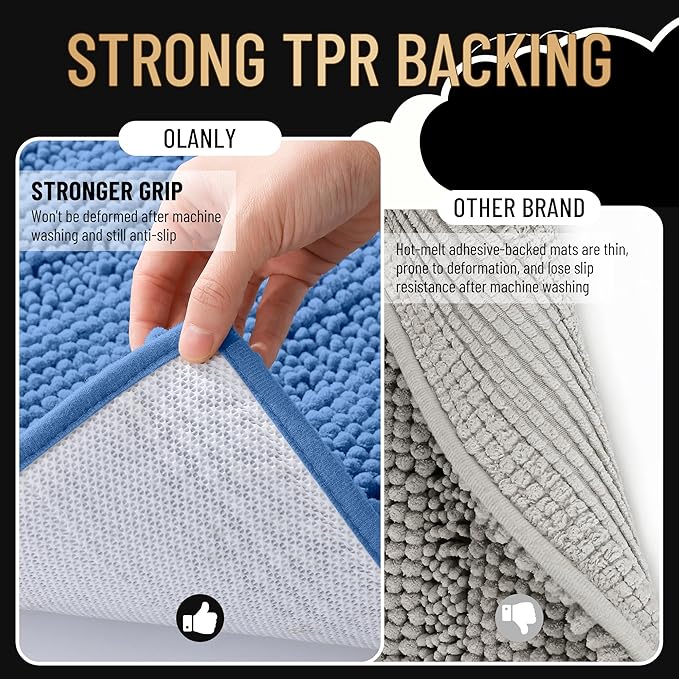 OLANLY Thick Bathroom Rugs 30x20, Extra Soft Absorbent Chenille Striped Bath Rugs, Rubber Backing, Machine Wash, Bath Mats for Bathroom Floor, Tub and Shower, Home Decor Accessories, Cornflower Blue