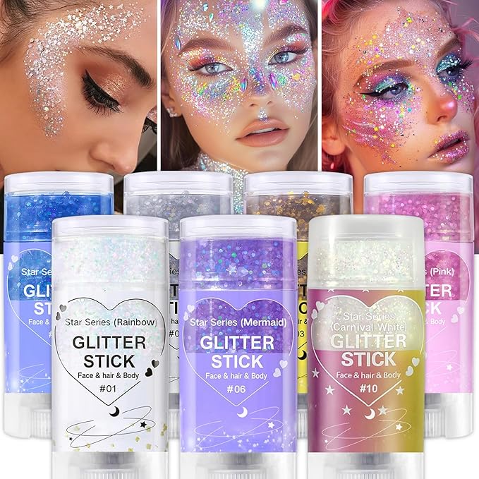 Carnival White Body Glitter Stick, Holographic Hair Glitter for Kids and Women, Waterproof Face Hair and Body Glitter Makeup, Rave Accessories Carnival Chunky Sequins, Sparkling Glitter Makeup