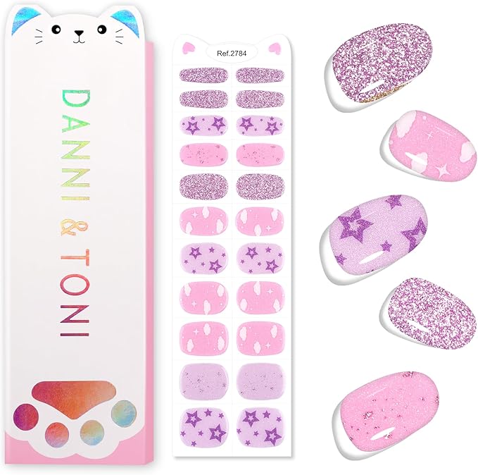DANNI & TONI Kids Gel Nail Strips Clouds Stars Purple Glitters Salon-Quality Peel & Stick Manicure for Children (Age 6+)– Safe, Long-Lasting, Easy to Apply |Purple Dream