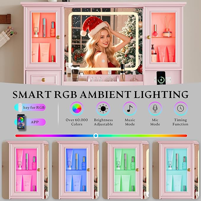 Vanity Desk with HD Lighted Mirror & Power Outlet, Farmhouse Makeup Vanity Table Set with Storage Drawers & RGB Cabinets, Large Dressing Table with 3 Lighting Modes for Women Girls Kids Bedroom, Pink