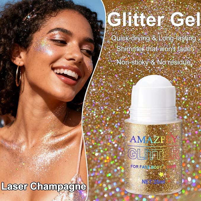 Roll-on Body Glitter Gel Holographic for Face and Hair,Body Glitter Gel Makeup for Kids Women,Body Shimmer Christmas Makeup for Rave Party.(Bronze Color)