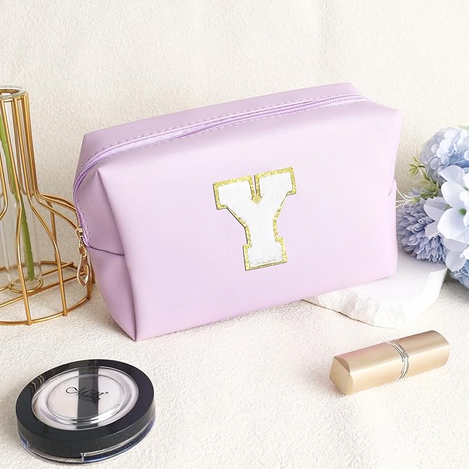 URSKYTOUS Gifts for Girls Initial Makeup Bag Personalized Cosmetic Bag with Zipper Cute Travel Toiletry Bag Waterproof PU Preppy Makeup Pouch Birthday Gift for Teen Girls Women(Purple Y)