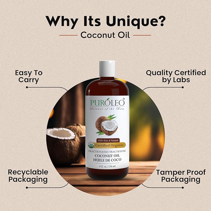 PUROLEO Organic Certified USDA Fractionated Coconut Oil 8 Fl Oz/236 ML (Packed in Canada) – 100% Natural & Odorless Moisturizer & Carrier Oil for Hair, Skin, Body, Massage, Makeup Removal