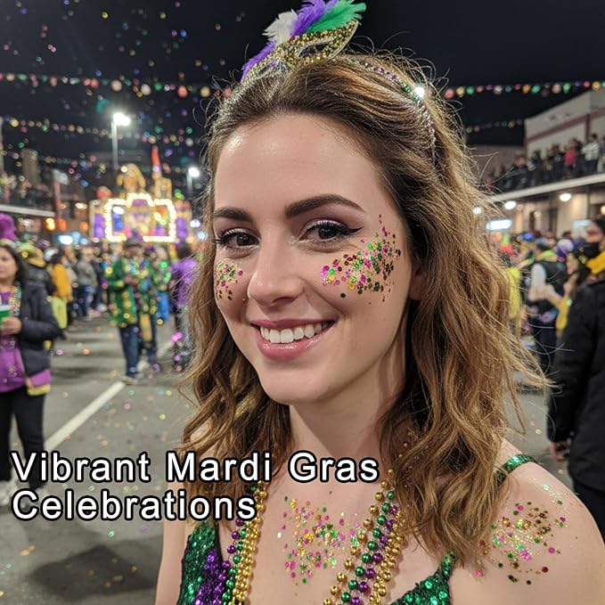 MEICOLY Mardi Gras Face Body Glitter Gel,Skin-Friendly Holographic Hair Glitter for Kids & Adults, Music Festival Concert Rave Makeup,Gold Green Purple Mixed Chunky Glitter for Mardi Gras Carnival