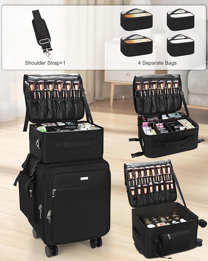 Relavel Rolling Makeup Case Professional Makeup Train Case, Makeup Artist Travel Bag with Wheels, 3-in-1 Portable Travel Beauty Trolley Case for Cosmetology Storage (Black)
