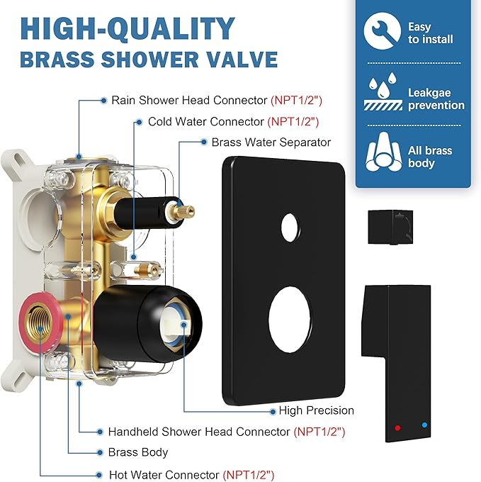 HoliSpa Shower System, Black Shower Faucet Set with 12-Inch Rain Showerhead and Handheld Spray, Wall Mounted High-Pressure Showerhead Combo Set Included Valve and Trim, Matte Black