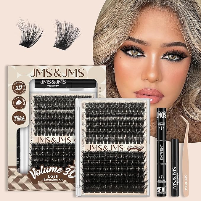 JMS&JMS Lash Clusters Kit 100D+200D Thick Cluster Lashes 3D Effect Eyelash Clusters Kit 10-18mm Volume Eyelash Clusters D Curl 3D Wispy Lash Clusters DIY Lash Extension Kit