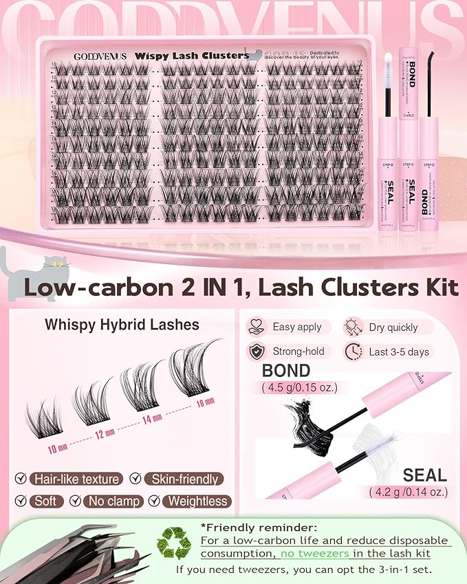 Lash Clusters Kit Wispy Cluster Eyelash Extensions Kit Natural DIY Lash Extension Kit 10-16mm Eyelashes Clusters 180pcs C Curl Individual Lashes Cluster Eyelash (No Tweezers)