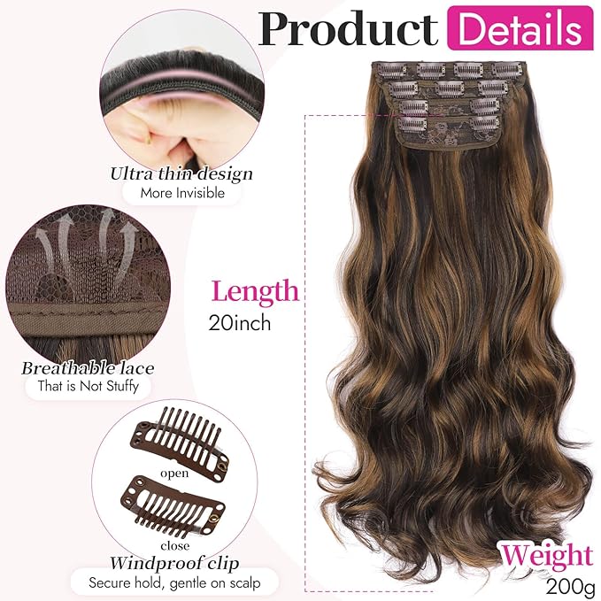 Kookastyle Clip in Hair Extensions, Natural Long Layered Soft Invisible Synthetic Curly Wavy Hairpieces for Women,4 pcs(20 Inch,Balayage Chocolate Brown to Caramel Blonde)