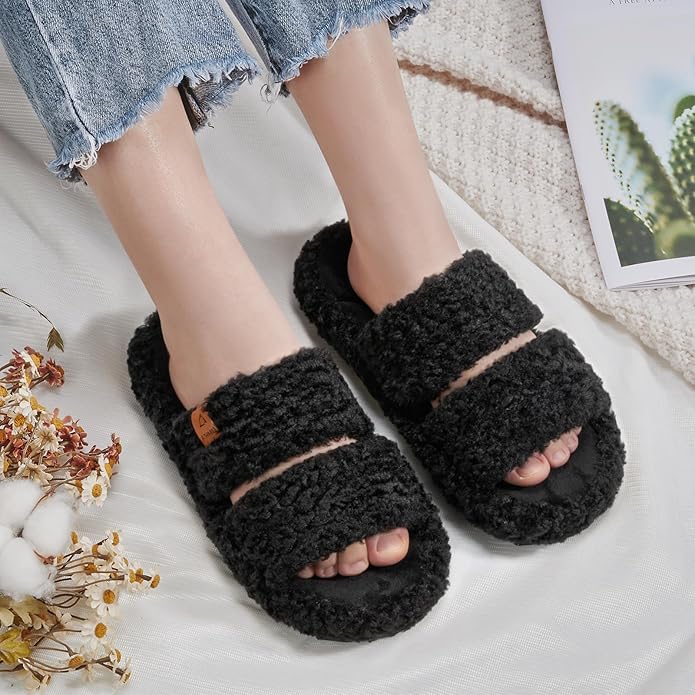 ATHMILE House Slippers for Women with Platform Memory Foam Arch Support Open Toe, Fuzzy Fluffy Cozy Womens Slippers for Home Indoor Outdoor Bedroom Ladies Christmas Gifts Pantuflas Para Mujer