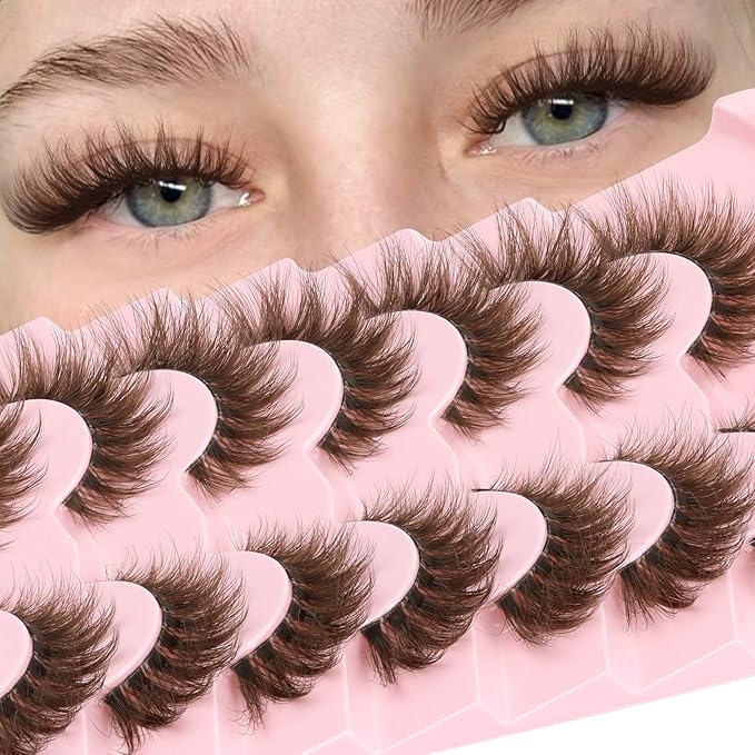 Losha Brown Lashes Volume False Eyelashes Fluffy Cat Eye Lashes 7 Pairs Crisscross Lashes Strips with Clear Band 8-18mm Thick Fake Eyelashes (FC03 Brown)