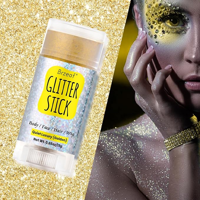 Brzeaf Golden Glitter Stick, Body Glitter, Singer Concerts Music Festival Rave Accessories, Shimmery & Long Lasting, Chunky Glitter for Face/Body/Hair/Eyes/Lip, Face Glitter Makeup