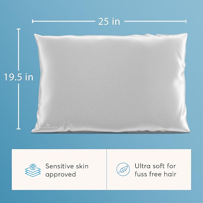 Silver Mirror Silk Sleep Essentials Set in Silver: Pillowcase and Eye Mask, 25" x 19.5" Fits Standard Queen Pillow, 22mm 6A Grade, for Gentle Sleep, Anti-Breakage, Tangles, Creases, and Wrinkles