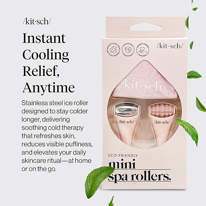 Kitsch Mini Facial Roller & Ice Face Roller Skin Care Tool Set for Women - Face Massager for Puffy Eyes, Cold Therapy, Lymphatic Drainage Massager, Self Care Gifts for Women & Men - Blush