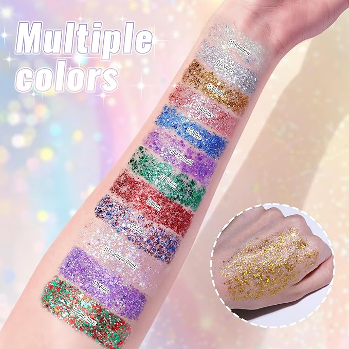 Gold Face Body & Hair Glitter Stick for Singer Concerts Outfit, Shimmer Stick Gel for Women, Sparkling Holographic Chunky Sequins for Mardi Gras Rave Festival Halloween Carnival, 0.56oz