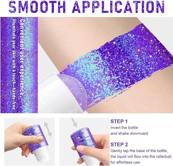 Roll-on Holographic Body Glitter Gel for Face and Hair, Chameleon Color Changing Glitter Gel Under Light, Chunky Mermaid Sequins Shimmer Makeup for Halloween Party Rave Accessories (Purple)