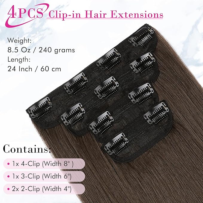 REECHO Hair Extensions, 24" Straight Long Thick 4 PCS Set Thick Clip in on Hair Extensions -Chocolate Brown