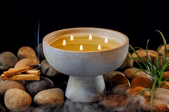 Blueme Spiritual Candle | Palo Santo & Vetiver | 6 Wick - Refillable Wellness Candle with Essential Oils, Hand Finished & Poured Soy Wax Blend Ceramic Vessel, Natural Cotton Wicks | Giant 45 oz