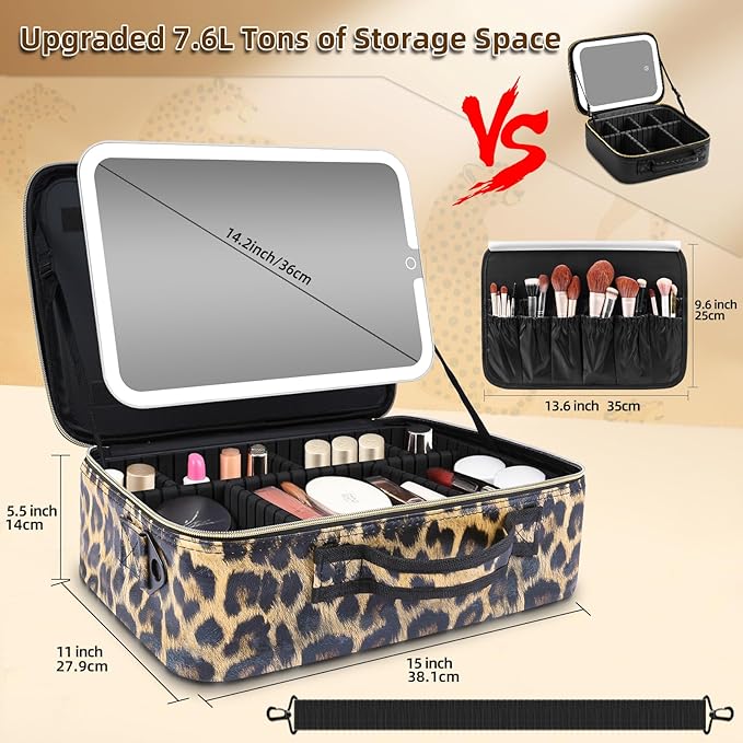 JJhxr 15''X11'' Makeup Bag with Removeable Lighted Mirror, Travel Makeup Case with 3 Color Lights Dimmable Brightness, Large Capacity Cosmetic Organizer Case with Detachable Dividers & Shoulder Strap