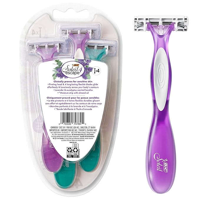 BIC Soleil 4 Escape Scented Women's Disposable Razors With 4 Blades, Comfortable Shave, Lavender & Eucalyptus Scented Handle Shaving Razors for Women, 4 Count