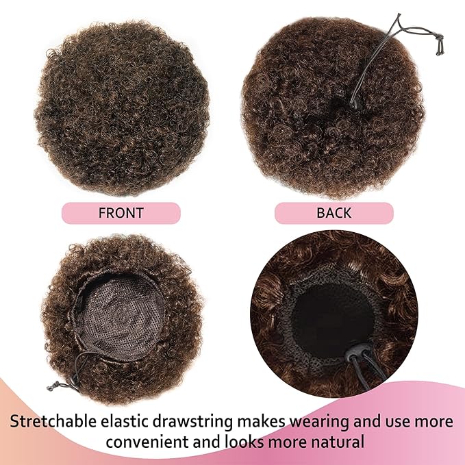 Afro Puff Drawstring Ponytail Extension for Black Women Girls, Human Hair Brown 4# Afro Kids Short Wigs 6 Inch Afro Puff Ponytail, Clip On Kinky Drawstring Curly Ponytail Messy Hair Bun Hairpieces