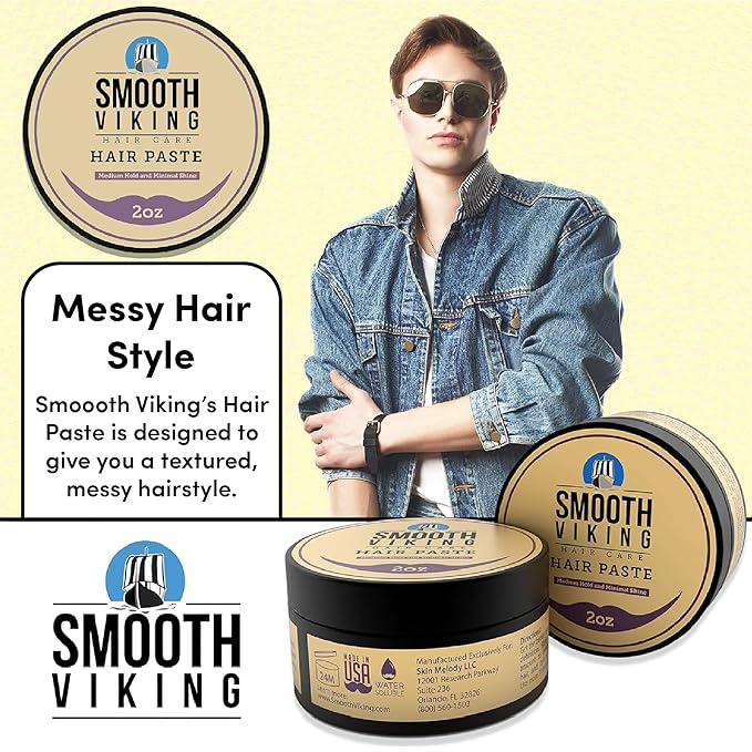 Smooth Viking Hair Paste for Men - Hair Styling Cream with Minimal Shine & Medium Hold Hair Products for Men, Hair Cream for Men, Styling Paste for Textured Messy Hairstyle - Made in USA, 2oz